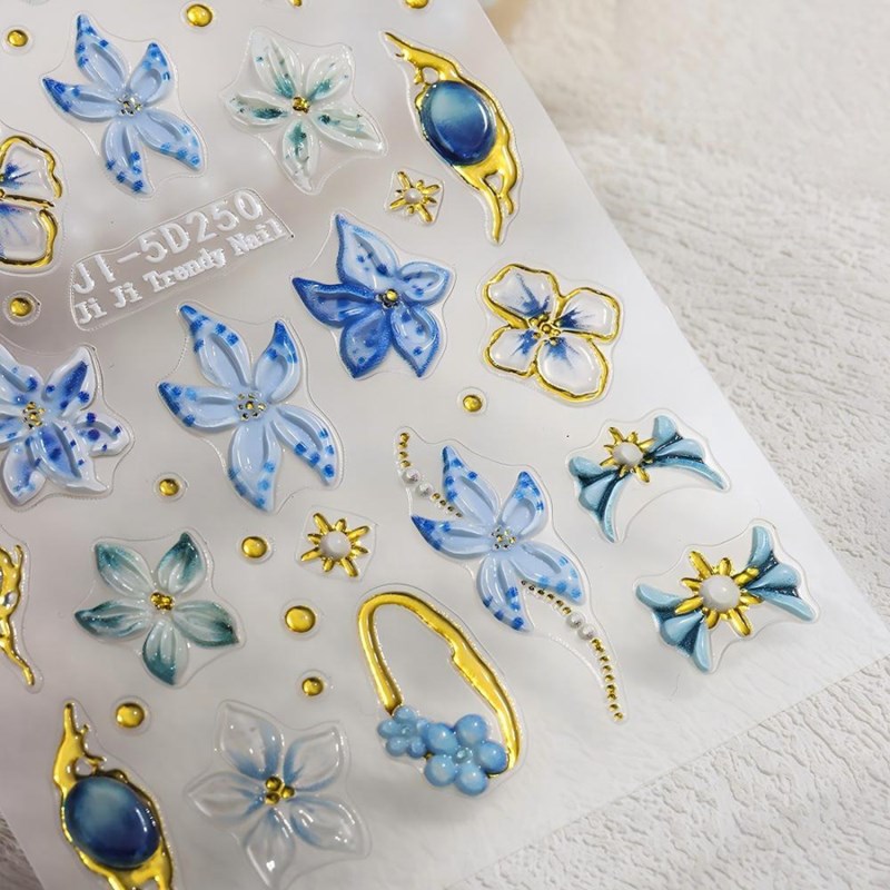 JI-5D250 Gold Outline Gem Star 3D Embossed Nail Stickers