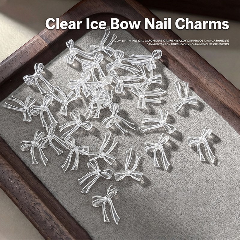 D312 White Ice Transparent Bow Nail Charms, 30Pcs