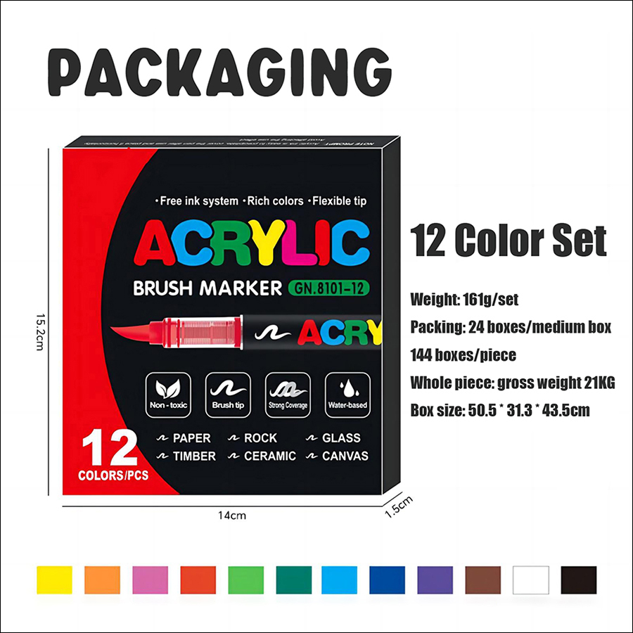 rnp-133 12 color straight liquid acrylic marker brush set