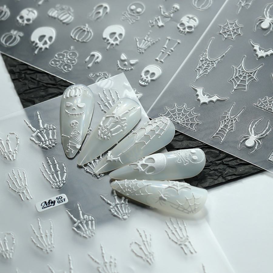 5d-037-039 halloween skull nail stickers, 3d embossed gold foil nail art decals