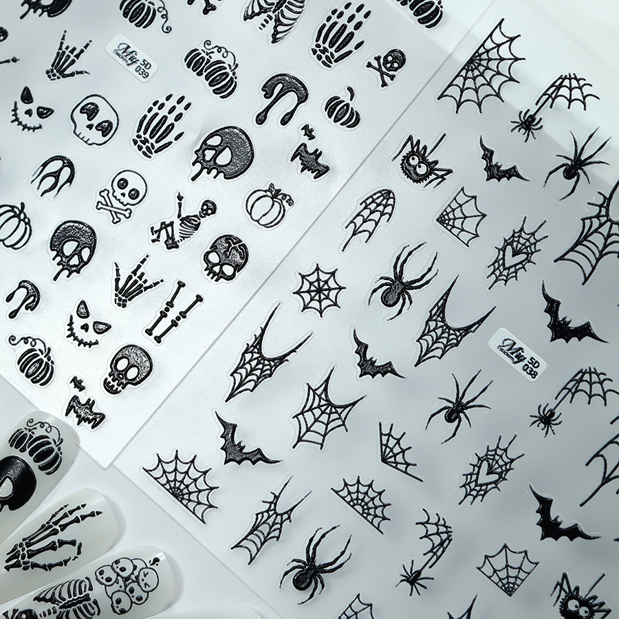 5d-037-039 halloween skull nail stickers, 3d embossed gold foil nail art decals