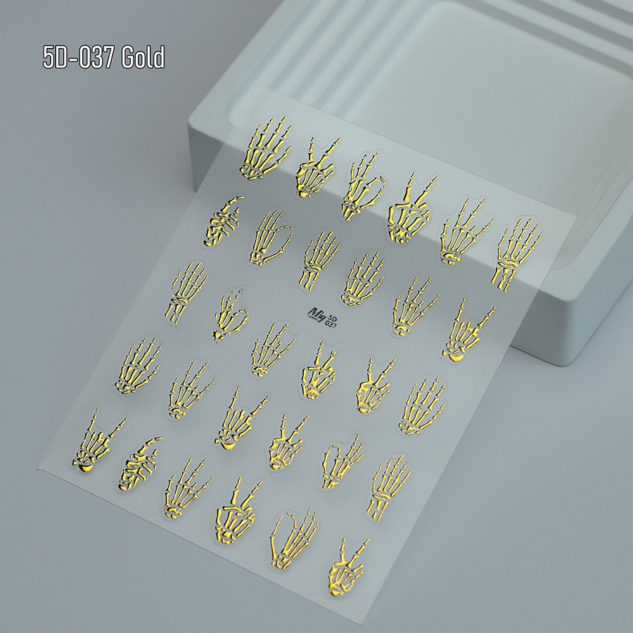 5d-037-039 halloween skull nail stickers, 3d embossed gold foil nail art decals