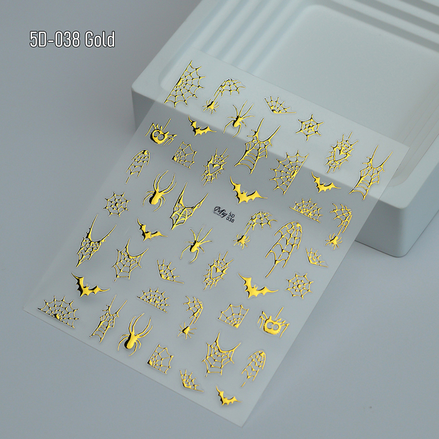 5d-037-039 halloween skull nail stickers, 3d embossed gold foil nail art decals