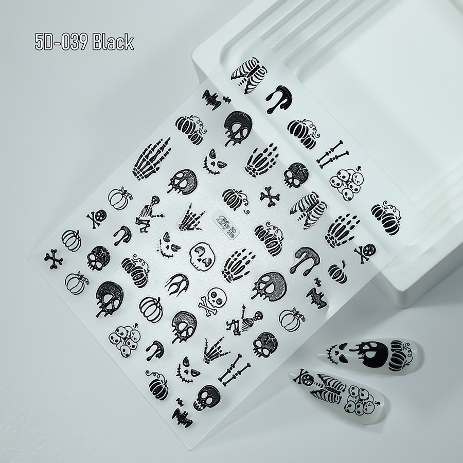 5d-037-039 halloween skull nail stickers, 3d embossed gold foil nail art decals
