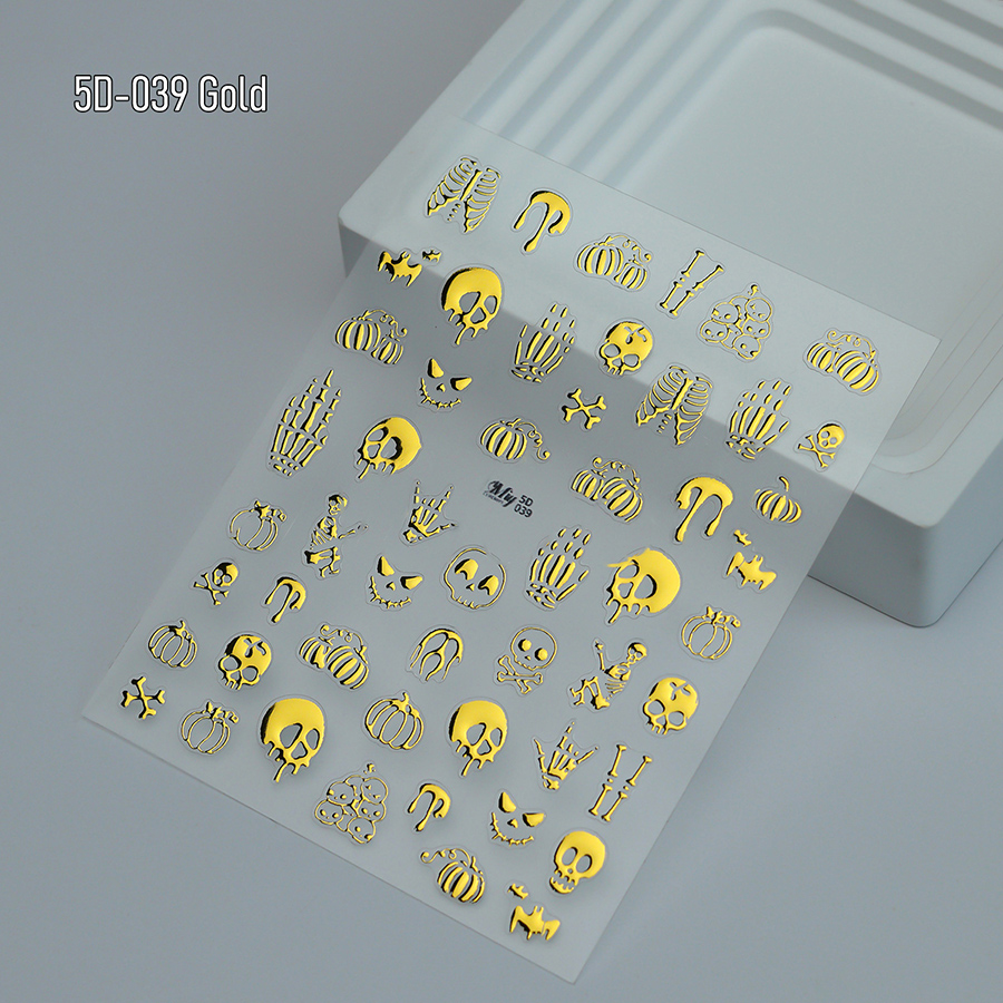 5d-037-039 halloween skull nail stickers, 3d embossed gold foil nail art decals