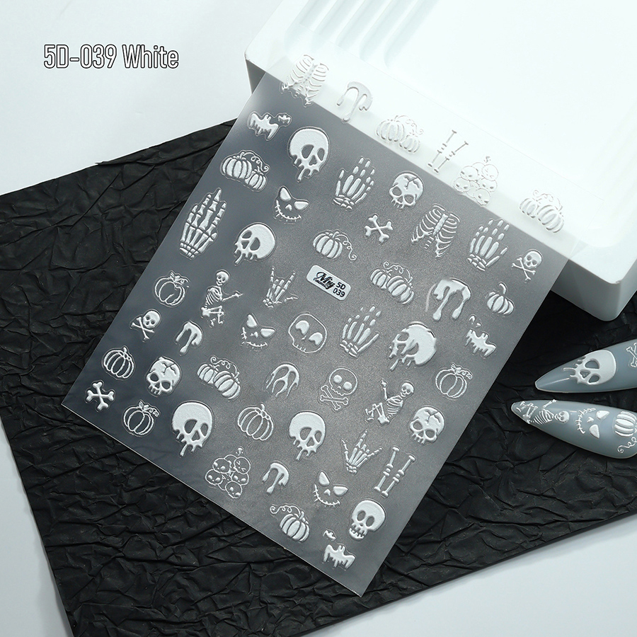 5d-037-039 halloween skull nail stickers, 3d embossed gold foil nail art decals