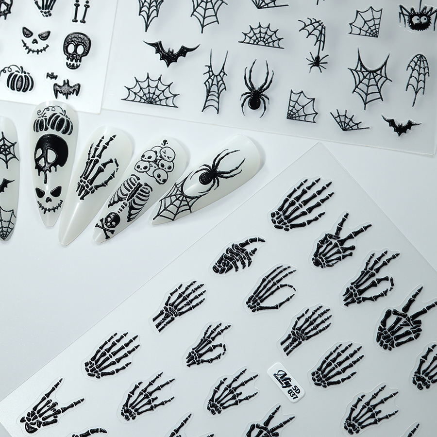 5d-037-039 halloween skull nail stickers, 3d embossed gold foil nail art decals