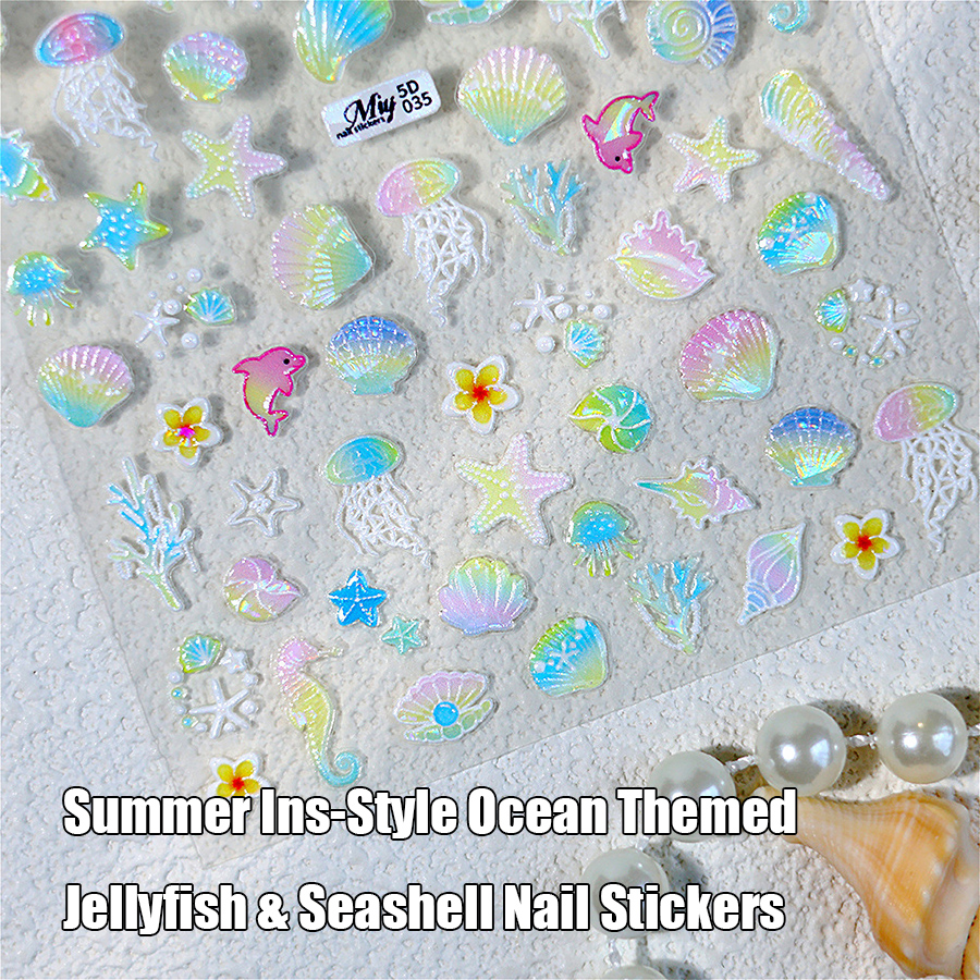 5d-035 ocean style jellyfish shell shimmer nail stickers