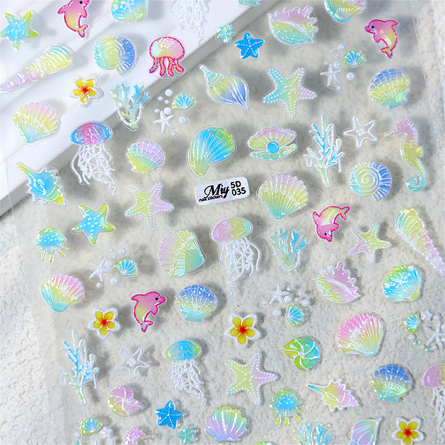 5d-035 ocean style jellyfish shell shimmer nail stickers