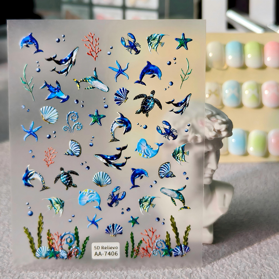 aa-7403-7406 summer ocean style 3d embossed nail stickers