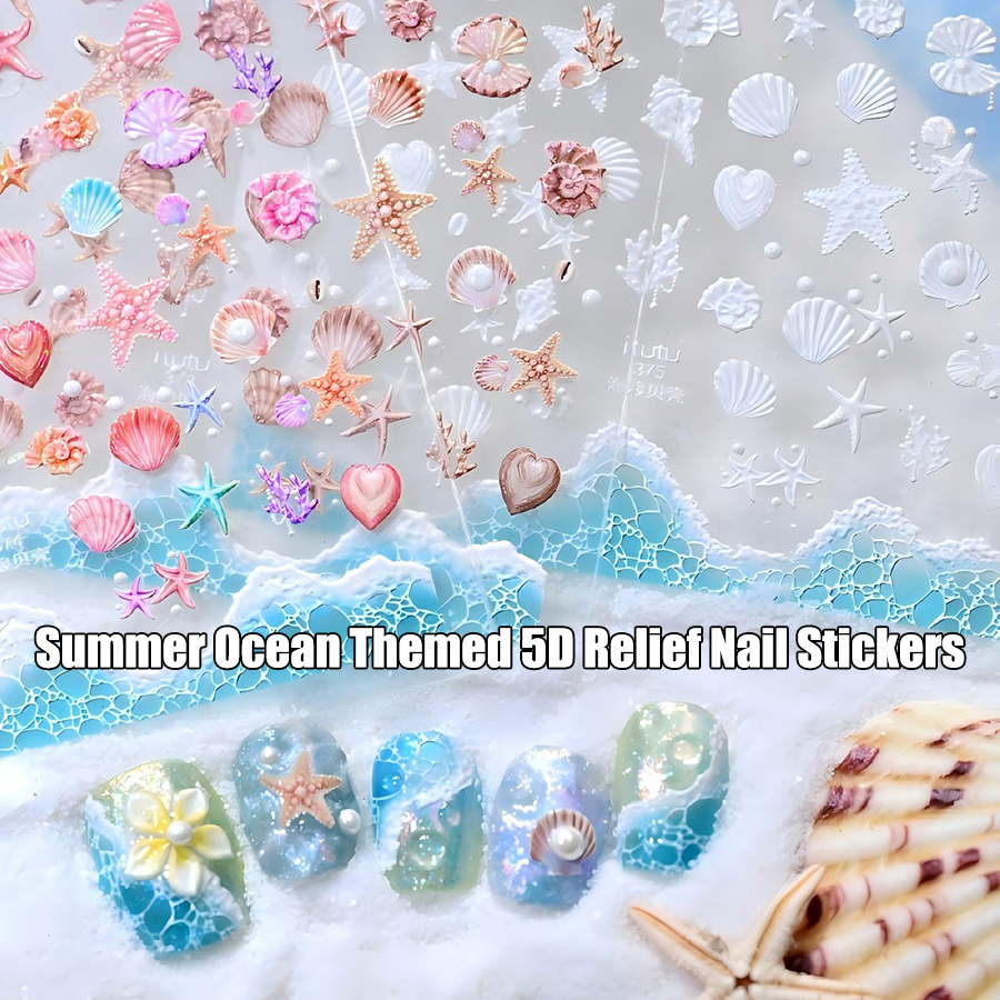 itt-37x shell shimmer wave 3d embossed shell nail stickers