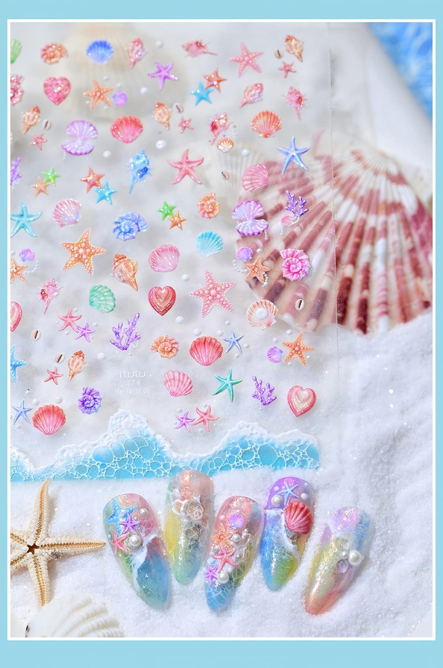 itt-37x shell shimmer wave 3d embossed shell nail stickers