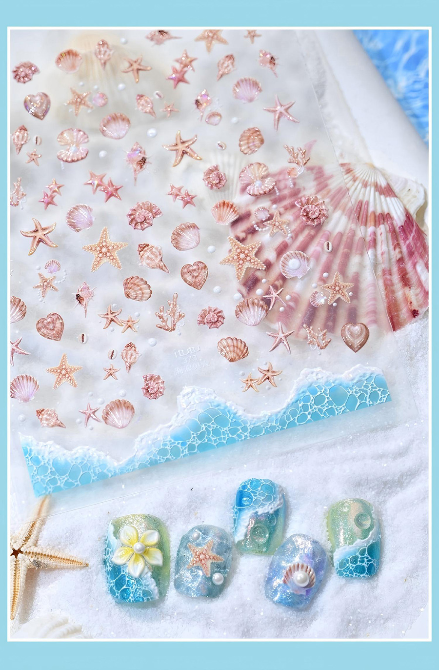 itt-37x shell shimmer wave 3d embossed shell nail stickers
