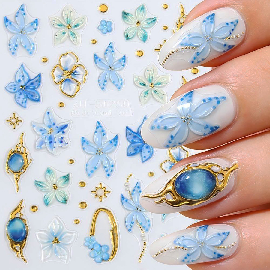 ji-5d250 gold outline gem star 3d embossed nail stickers
