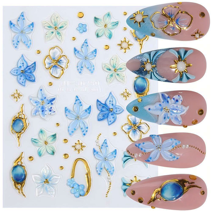 ji-5d250 gold outline gem star 3d embossed nail stickers