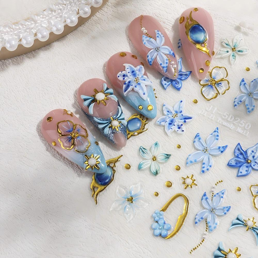 ji-5d250 gold outline gem star 3d embossed nail stickers