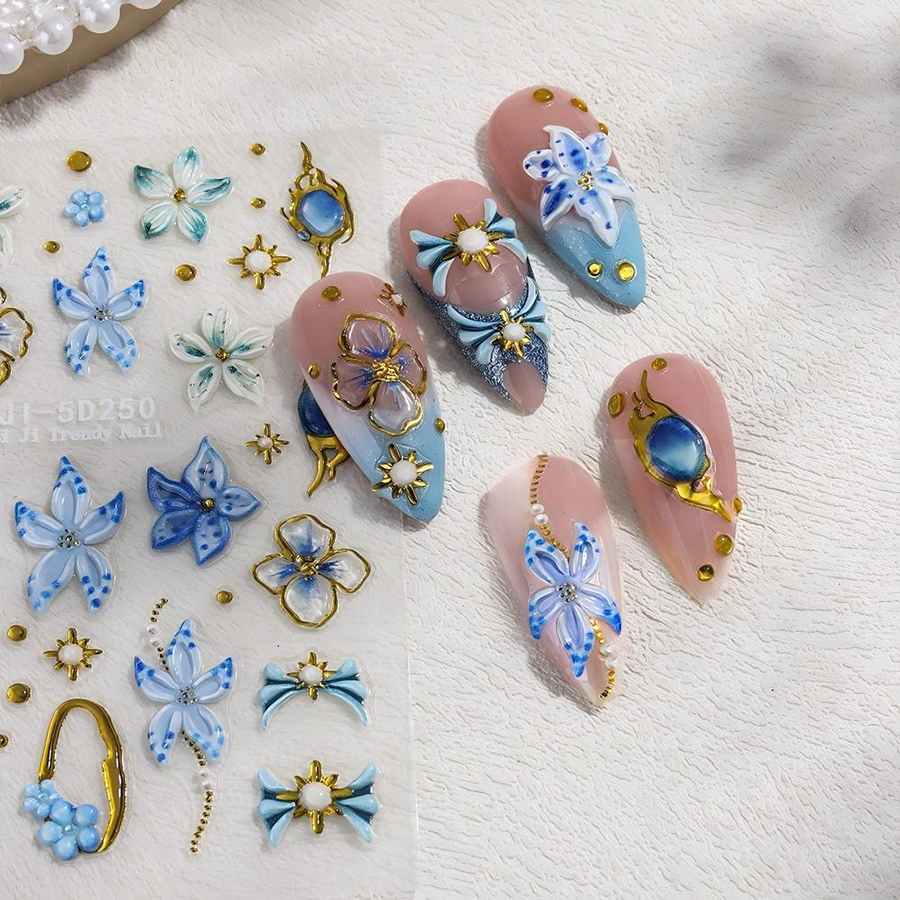 ji-5d250 gold outline gem star 3d embossed nail stickers