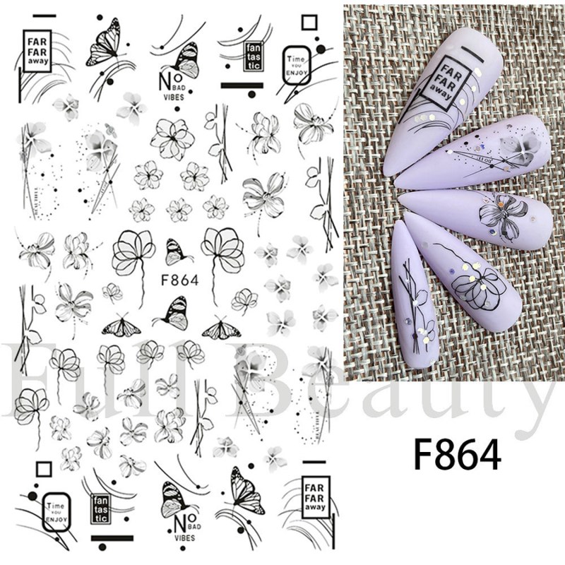 f864-873 black&white line floral nail sticker