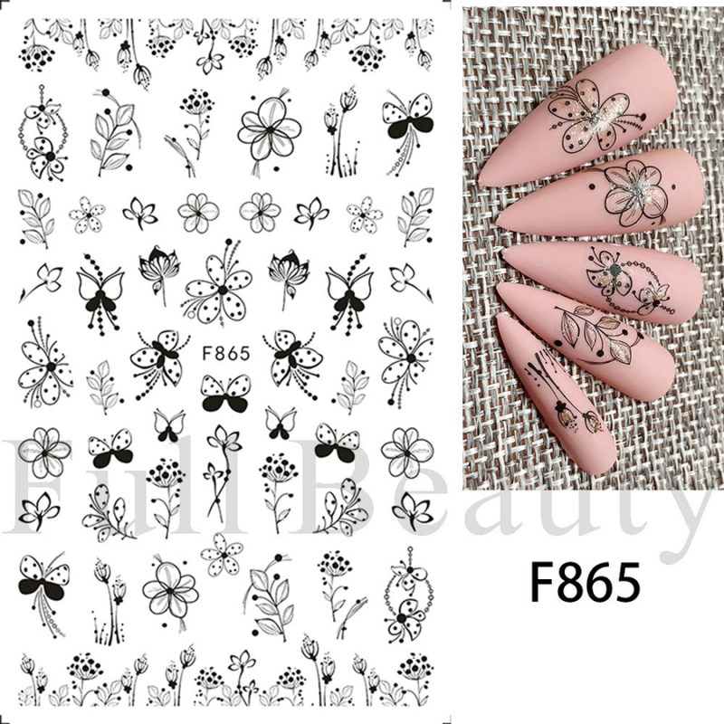 f864-873 black&white line floral nail sticker