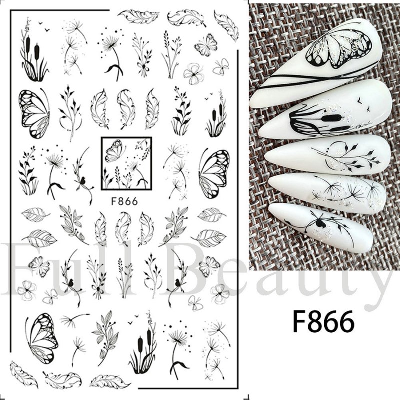f864-873 black&white line floral nail sticker