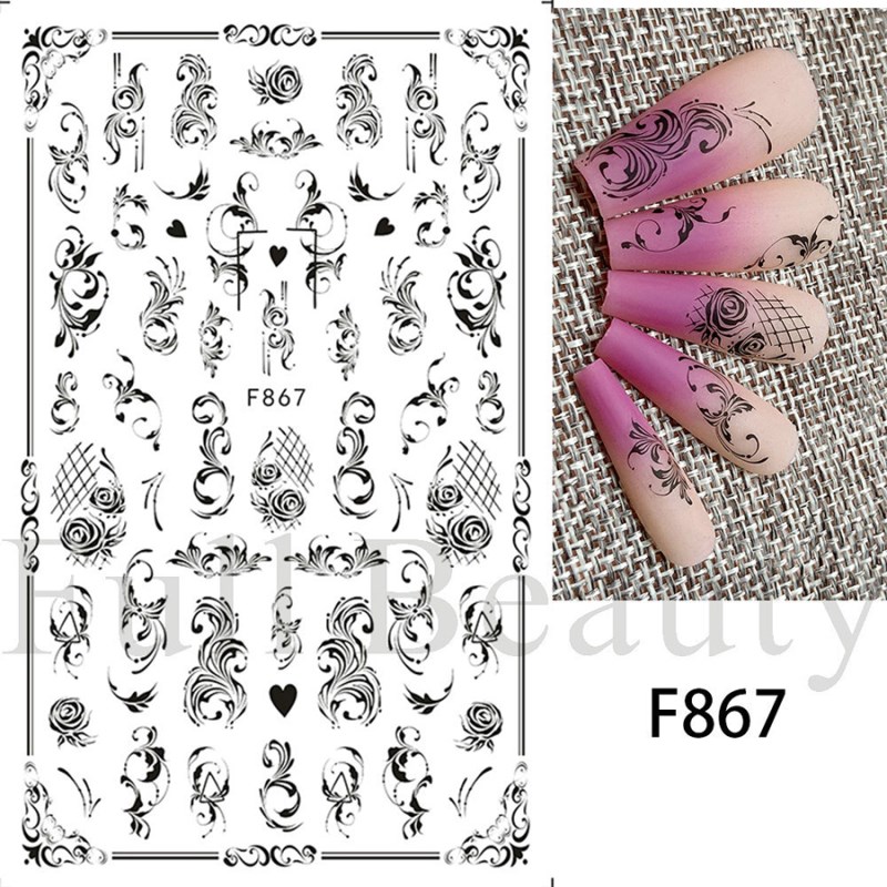 f864-873 black&white line floral nail sticker
