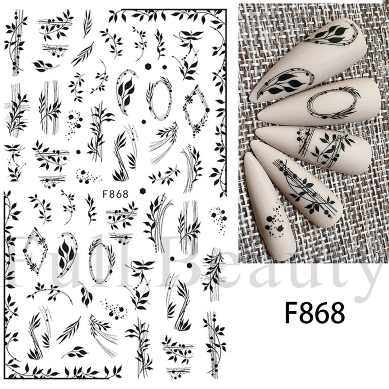 f864-873 black&white line floral nail sticker