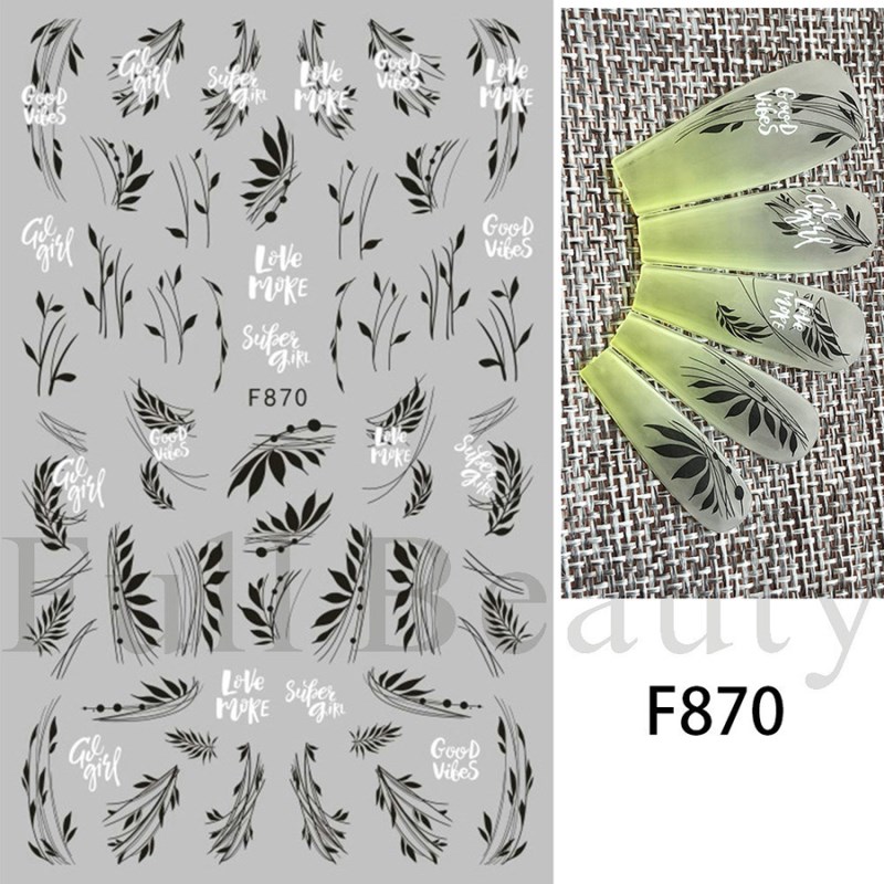 f864-873 black&white line floral nail sticker